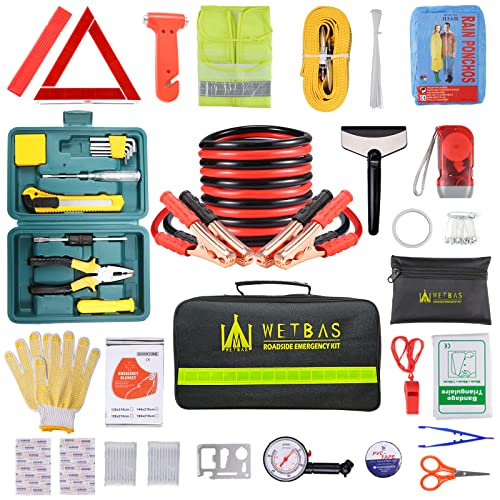 Car Roadside Emergency Kit with Jumper Cables and Safety Tools