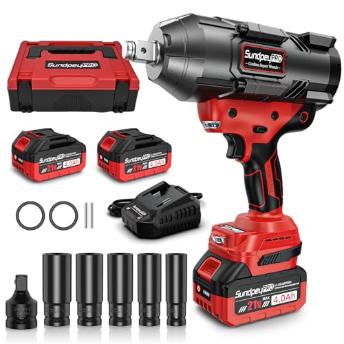SundpeyPRO 3/4 Inch Cordless Brushless Impact Wrench with 2 Batteries and Socket Set